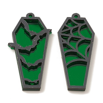 Opaque Acrylic Pendants, Coffin with Bat and Spider Web, for Halloween, Green, 47.5x20x3.5mm, Hole: 1.6mm, 2pcs/set