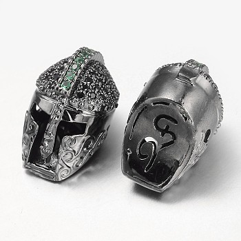 Brass Micro Pave Cubic Zirconia Beads, Gladiator Helmet, Gunmetal, 18x11x13mm, Hole: 1mm