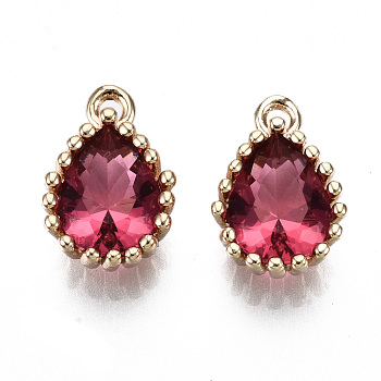 Glass Charms, with Brass Findings, Light Gold, Long-Lasting Plated, Cadmium Free & Lead Free, Teardrop, Cerise, 12x7.5x4~5mm, Hole: 1.2mm