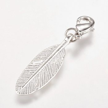 Alloy Pendant, with Brass Lobster Claw Clasps, Feather, Antique Silver, 43mm