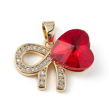 Real 18K Gold Plated Rack Plating Brass Micro Pave Clear Cubic Zirconia Pendants, with Glass, Long-Lasting Plated, Cadmium Free & Lead Free, Bowknot with Heart, Red, 17x22x8mm, Hole: 6x3mm