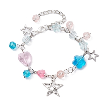 Alloy Star Charms Braclets, Acrylic & Glass Heart Flower Link Chain Bracelets for Women, Colorful, 7-5/8 inch(19.3cm)