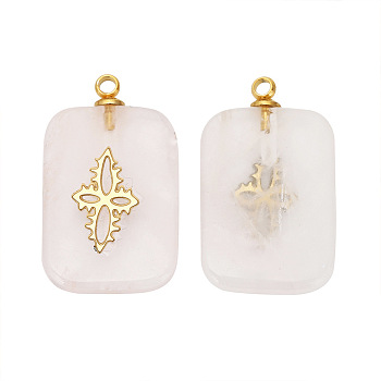 Natural Rose Quartz Pendants, Rectangle Charms with Golden Tone Stainless Steel Flower Slice, 21.5x13mm, Hole: 1.5mm