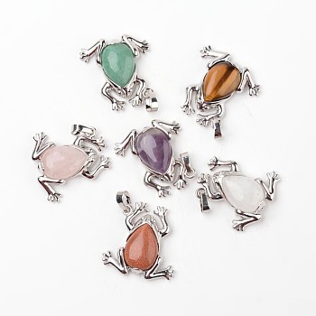Frog Natural & Synthetic Mixed Stone Pendants, with Brass Findings, Platinum, 30x29x7mm, Hole: 7x5mm
