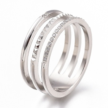 304 Stainless Steel Finger Rings, with Clear Cubic Zirconia, Wide Band Rings, Stainless Steel Color, US Size 7, Inner Diameter: 17mm