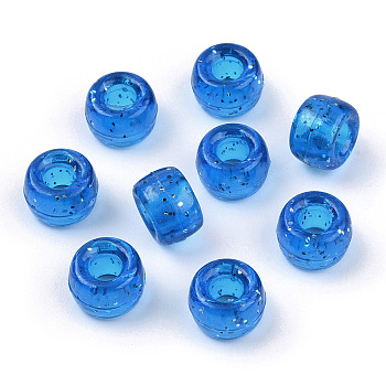 Transparent Plastic Beads, with Glitter Powder, Barrel, Royal Blue, 9x6mm, Hole: 3.8mm, about 1900pcs/500g