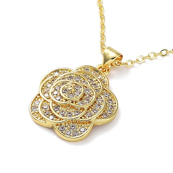 Golden Brass Rhinestone Pendant Necklace with Cable Chains, Flower, 17.72 inch(45cm), Flower: 22.5x19.5x6mm