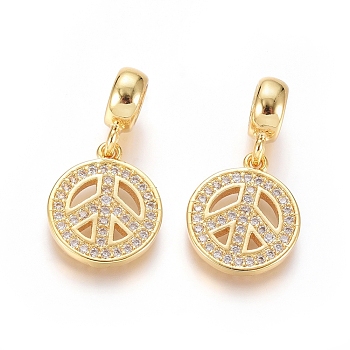 Brass Micro Pave Clear Cubic Zirconia European Dangle Charms, Large Hole Pendants, Peace Sign, Golden, 24mm, Hole: 5mm, Peace Sign: 15x12.5x2mm