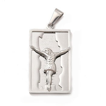 304 Stainless Steel Religion Pendants, Rectangle with Jesus Charms, Stainless Steel Color, 41.5x23.5x5mm, Hole: 9x4mm