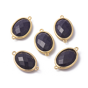 Golden Tone Brass Synthetic Blue Goldstone Links connectors, Faceted, Oval, 26x15x6mm, Hole: 1~2mm