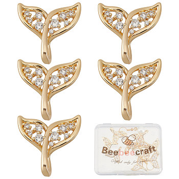 Brass Cubic Zirconia Pendants, Whale Tail Shaped, Real 18K Gold Plated, 16x16.5x2.5mm, 10pcs/box