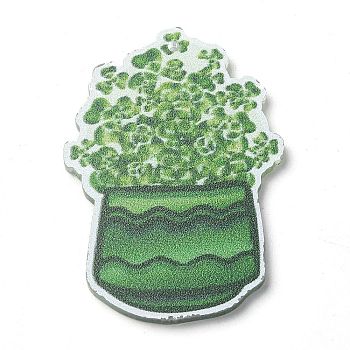 Saint Patrick's Day Opaque Printed Acrylic Pendants, Flowerpot, 50x35x2mm, Hole: 1.5mm