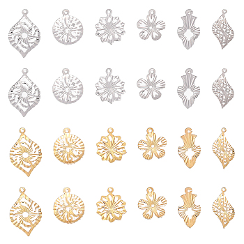 24Pcs 12 Style Rack Plating Brass Pendants, Long-Lasting Plated, Flower & Leaf & Flat Round, Mixed Color, 16~25x10.5~15x0.5~1mm, Hole: 1~1.2mm, 2pcs/style