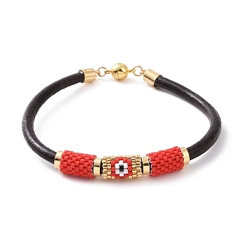Japanese Seed Column with Evil Eye Beaded Bracelet with Cowhide Cords for Women, Red, 7-5/8 inch(19.5cm)