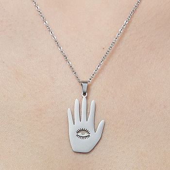 201 Stainless Steel Hollow Hamsa Hand with Eye Pendant Necklace, Stainless Steel Color, 17.72 inch(45cm)
