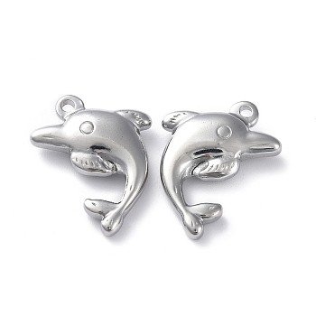 304 Stainless Steel Pendants, Dolphin Charm, Stainless Steel Color, 25x20x5.5mm, Hole: 1.6mm