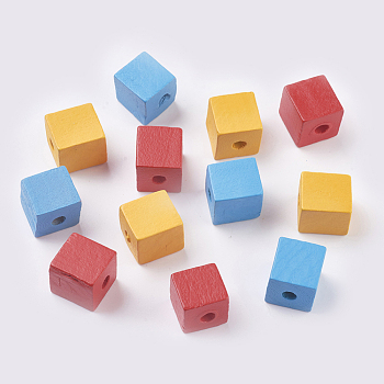 Natural Wood Beads, Dyed, Cube, Mixed Color, 15~17x16x15~15.5mm, Hole: 4~5mm