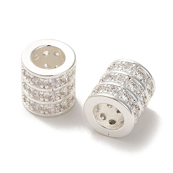 Rack Plating Brass Pave Clear Cubic Zirconia European Beads, Cadmium Free & Lead Free, Column, Silver, 10x9mm, Hole: 5mm
