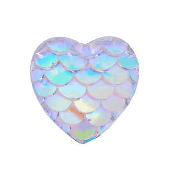 Resin Cabochons, Heart with Mermaid Fish Scale, Deep Sky Blue, 12x12x3mm