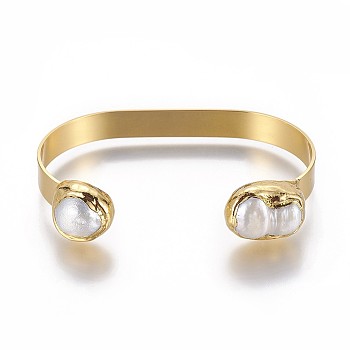Brass Cuff Bangles, with Natural Pearl, Golden, 1-5/8 inch~1-3/4 inchx2-5/8 inch~2-7/8 inch(4~4.5x6.8~7.3cm)