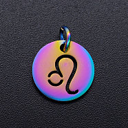 Rainbow Color Ion Plating(IP) 201 Stainless Steel Charms, with Jump Rings, Flat Round with Constellation/Zodiac Sign, Leo, 12x1mm, Jump Ring: 5x0.8mm, Inner Diameter: 3mm(STAS-Q201-JN166-5)