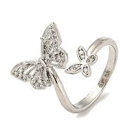 Brass with Cubic Zirconia Open Cuff Rings, Butterfly, Platinum, US Size 5(15.7mm)(RJEW-B052-07P)