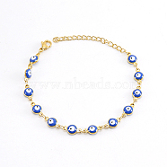 Real 18K Gold Plated Stainless Steel Enamel Evil Eye Link Chain Bracelet, Royal Blue, 6-3/4 inch(17cm)(VQ3782-5)