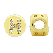 Brass Micro Pave Clear Cubic Zirconia Beads, Flat Round with Letter, Letter.H, 7.5x6.5mm, Hole: 3.5mm, 3pcs/bag(KK-T030-LA843-HX3)