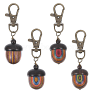 Spray Painted Wooden Pendant Decoration, with Alloy Lobster Claw Clasps, Rainbow Acorn, Colorful, 76mm, 4pcs/set(HJEW-AB00442)