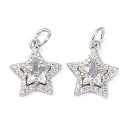 Brass Cubic Zirconia Charms, with Jump Ring, Long-Lasting Plated, Lead Free & Cadmium Free, Star, Real Platinum Plated, 13.5x11.5x4.5mm(ZIRC-C022-07P)