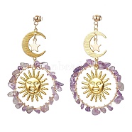 Vintage Natural Amethyst Ear Studs, with 304 Stainless Steel Findings, Ring with Moon, 68.5x40mm(EJEW-JE05807-05)