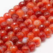 Faceted Natural Striped Agate/Banded Agate Beads Strands, Round, Dyed & Heated, Orange Red, 6mm, Hole: 1mm, about 60pcs/strand, 14.76~14.96 inch(37.5~38cm)(G-F447-6mm-H03)