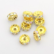 Brass Rhinestone Spacer Beads, Grade A, Straight Flange, Golden Metal Color, Rondelle, Crystal AB, 10x4mm, Hole: 2mm(RB-A014-Z10mm-28G)