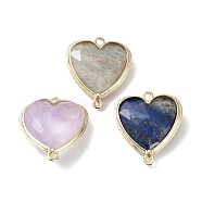 Natural Amethyst & Lapis Lazuli & Amazonite Connector Charms, with Rack Plating Light Gold Plated Edge Brass Loops, Faceted, Heart, 25x21x7mm, Hole: 1.6mm(G-G012-01G-01)
