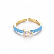 Brass Enamel Cuff Rings, Open Rings, Solitaire Rings, with Clear Cubic Zirconia, Nickel Free, Teardrop, Golden, Dodger Blue, US Size 7(17.3mm)(RJEW-T016-27F-NF)