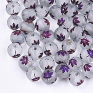 Autumn Theme Electroplate Transparent Glass Beads, Frosted, Round with Maple Leaf Pattern, Indigo, 10mm, Hole: 1.5mm(EGLA-S178-01-01D)
