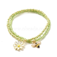 2Pcs Glass Seed Beaded Stretch Bracelets Set, Alloy Enamel Bees & Flower Charm Bracelet for Women, Green Yellow, Inner Diameter: 2-1/8~2-1/4 inch(5.5~5.6cm), 1Pc/style(BJEW-JB08088-05)