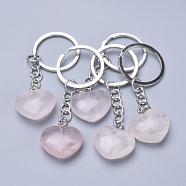 Natural Rose Quartz Keychain, with Iron Findings, Heart, 80mm(X-KEYC-S253-09)