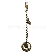 Tibetan Style Alloy Keychains, with Keychain Clasp Findings, Flat Round with Clover & Rose, Antique Bronze, 13.2cm(KEYC-WH0025-027)