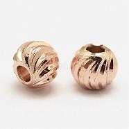 Brass Corrugated Beads, Round, Cadmium Free & Nickel Free & Lead Free, Real Rose Gold Plated, 4x3.2mm, Hole: 1.8mm(KK-P056-08RG-NR)