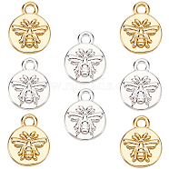 8Pcs 2 Colors Brass Charms, Flat Round with Bee, Mixed Color, 10~14x8~14x1.5~2mm, Hole: 1~3.5mm, 4pcs/color(KK-BC0010-02)