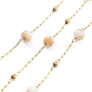 Handmade Round Natural Shell Beaded Chains, with Natural Ion Plating(IP) 304 Stainless Steel Paperclip Chains, Unwelded, with Spool, Real 18K Gold Plated, 2.2x1x0.5mm(CHS-P019-01G)