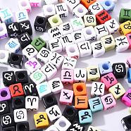 240Pcs 6 Style Opaque Acrylic European Beads, Large Hole, Cube with Constellation/Zodiac Sign, Mixed Color, 7x7x7mm, Hole: 3.5~4mm(OPDL-YW0001-01)