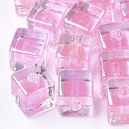 Transparent Acrylic Beads, UV Plating & Rainbow, Bead in Bead, Half Drilled Beads, Cube, Pearl Pink, 12.5x12.5x12.5mm, Half Hole: 3.5mm(X-TACR-S148-08A)