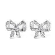 Bowknot Rack Plating Brass Cubic Zirconia Stud Earrings for Women, Long-Lasting Plated, Lead Free & Cadmium Free, Platinum, 18.5x21.5x4mm, Pin: 0.7mm(EJEW-K245-07P)