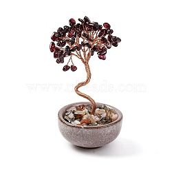 Natural Garnet Chips Tree Decorations, Ceramic Bowl Base Copper Wire Feng Shui Energy Stone Gift for Home Desktop Decoration, 60~65x120~130mm(DJEW-M012-02N)