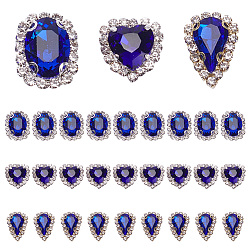 30Pcs 3 Style Sew on Rhinestone, Glass Rhinestone, with Alloy Prong Settings, Oval & Heart & Teardrop, Blue, 15~18x12~14x5~5.5mm, Hole: 1mm, 10pcs/style(GLAA-GA0001-63B)