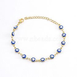 Real 18K Gold Plated Stainless Steel Enamel Evil Eye Link Chain Bracelet, Royal Blue, 6-3/4 inch(17cm)(VQ3782-5)