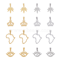 16Pcs 8 Style 304 Stainless Steel Pendants, Laser Cut, Hollow, Africa Map & Eye & Crown & Pot Leaf/Hemp Leaf, Mixed Color, 15.5~25x16~21x1~1.5mm, Hole: 2.5~3.5x4.5~6.5mm, 2pcs/style(STAS-DC0013-08)