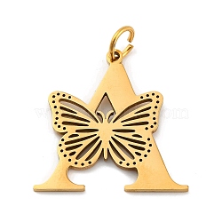 Ion Plating(IP) 201 Stainless Steel Pendants, Letter with Butterfly Charms, Golden, Letter A, 27x27x1.5mm, Ring: 7x1mm, Hole: 5mm(STAS-N103-184G-A)